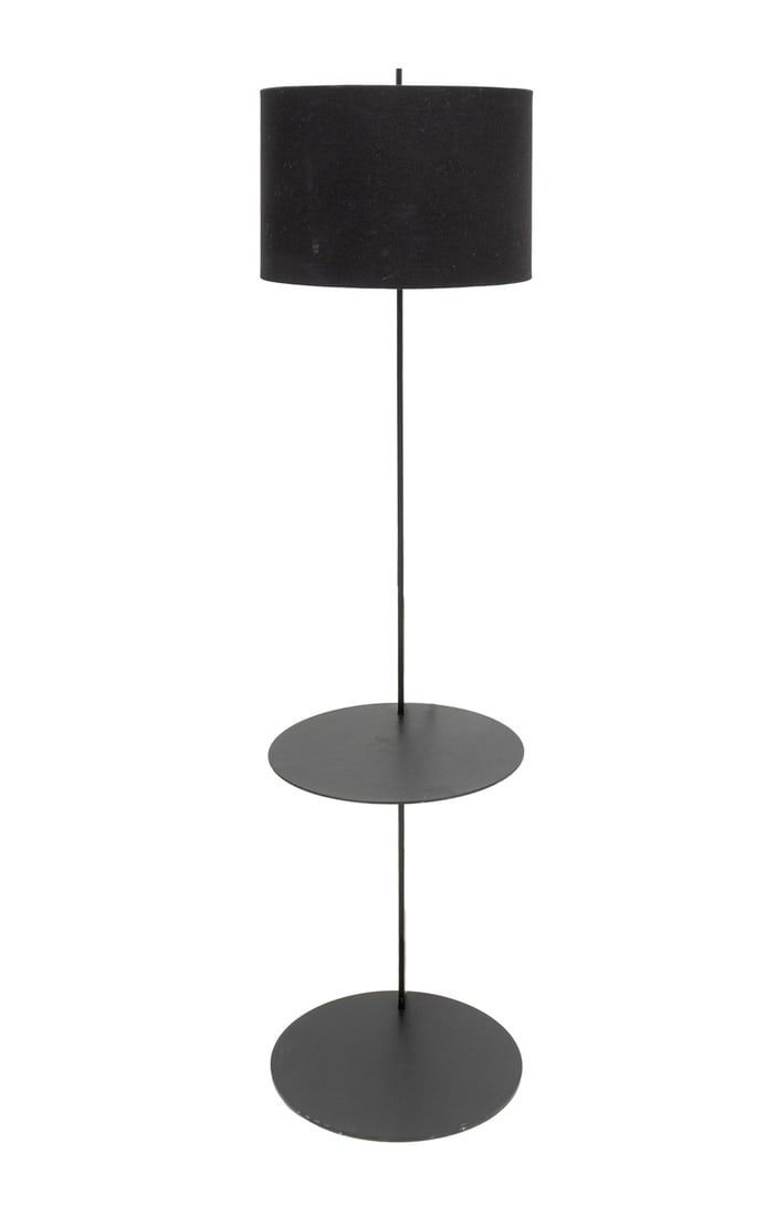 Postmodern Black Floor Lamp with Table: Postmodern Black Patinated Metal Floor Lamp with Circular Table. 66.75" H x 16.75" Diameter. Provenance: From a New York City Collection. Keywords: Minimalist, Minimalism, Postmodernism, Lighting, Sta