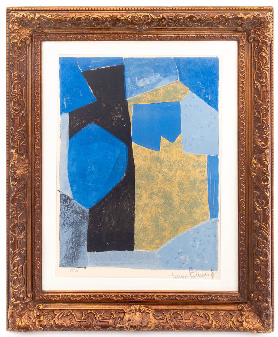 Serge Poliakoff "Composition Bleue ..." Lithograph: Serge Poliakoff (Russian/French, 1906-1969), "Composition Bleue, Noire et Jaune" [Blue, Black and Yellow Composition], Lithograph in Colors on Rives Paper, 1957, signed in pencil and numbered edition