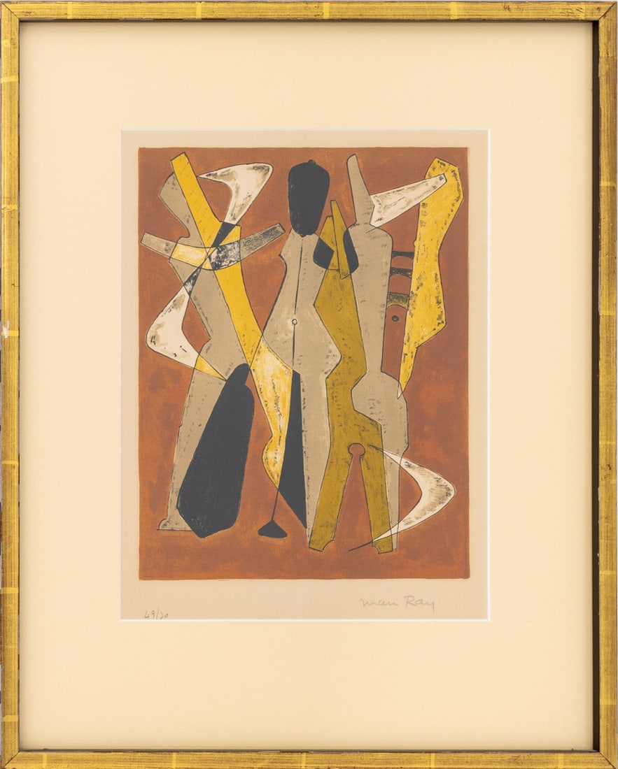 Man Ray "Promenade" Lithograph, 1968: Man Ray (American, 1890-1976), "Promenade", Lithograph in Colors, 1968, signed in pencil lower right and numbered edition "49/70" lower left, giltwood frame. Image: 11.5" H x 8.75" W; frame: 20.5" H x