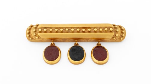 18K Yellow Gold Onyx & Carnelian Intaglio Bar Pin