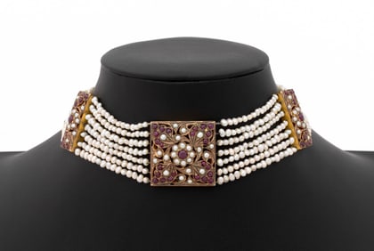 Victorian 10K Gold Pearl Ruby Choker Necklace