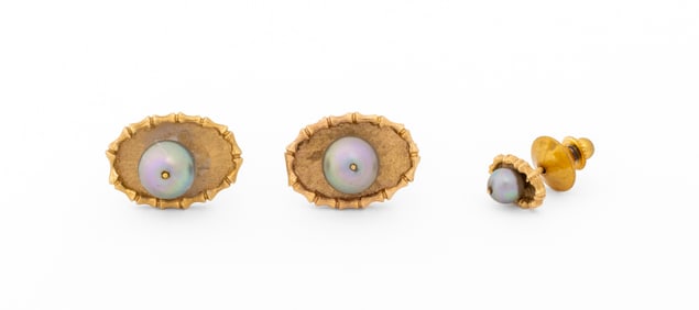 14K Yellow Gold Tahitian Pearl Cufflinks & Pin Set