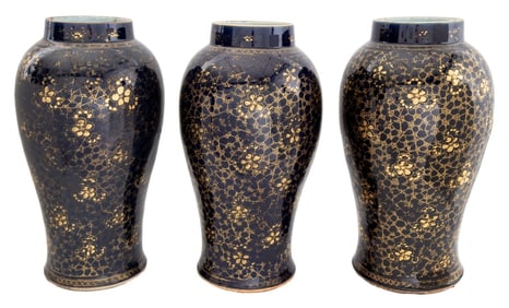 Chinese Gilt & Blue Porcelain Vases, 3