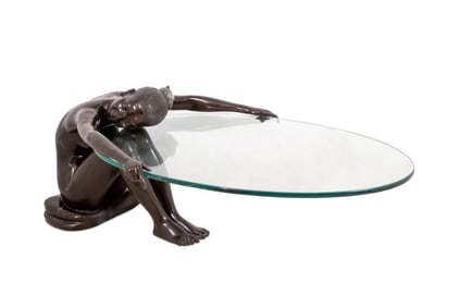 Figural Patinated Bronze Glass Top Coffee Table