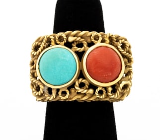 18K Yellow Gold Coral Turquoise Ring