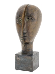 Cubist Split Head Patinated Bronze Sculpture