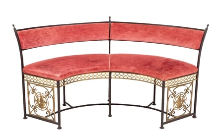 Oscar Bach Attr. Velvet Upholstered Curved Bench