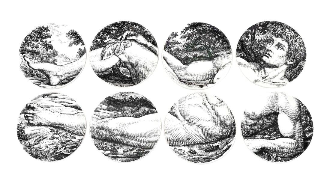 Fornasetti Porcelain "Adamo Ed Eva" Coasters, 8: Set of Eight Piero Fornasetti Porcelain "Adamo Ed Eva: Adamo 1" Coasters, 1965, marked " Adamo ed Eva / Piero Fornasetti 1965 Made in Italy" to the underside. 4.25" Diameter. Provenance: From the Coll