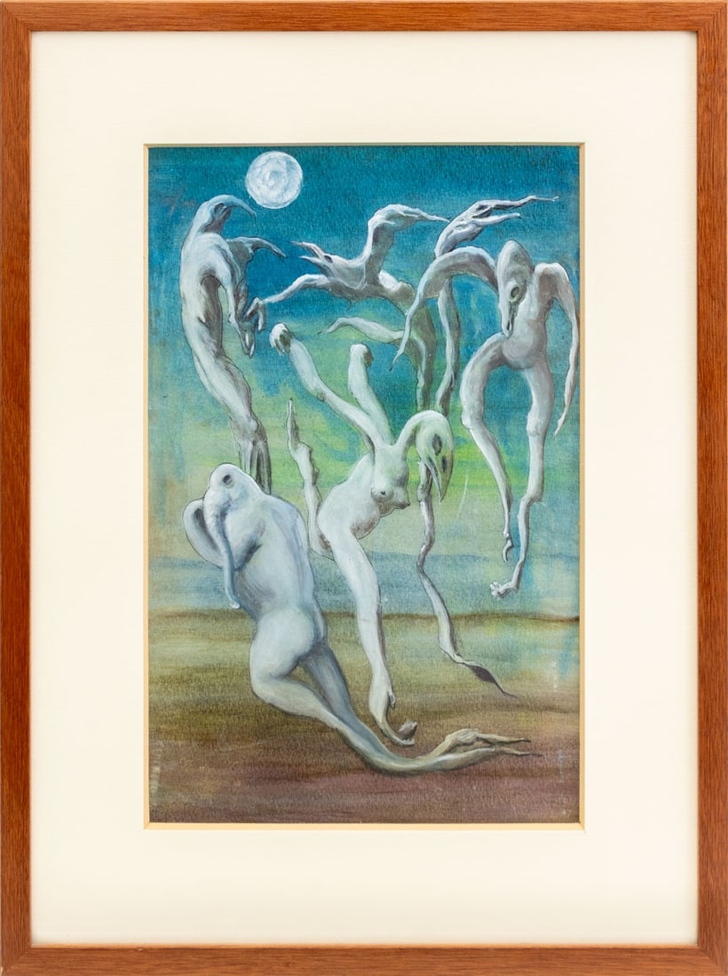 German School "Walpurgis Nacht" Gouache: German School, "Walpurgis Nacht" [Walpurgis Night], Gouache on Paper, depicting ghostly humanoid figures floating over a twilight landscape scene, apparently unsigned, titled to verso, wood frame. Ima