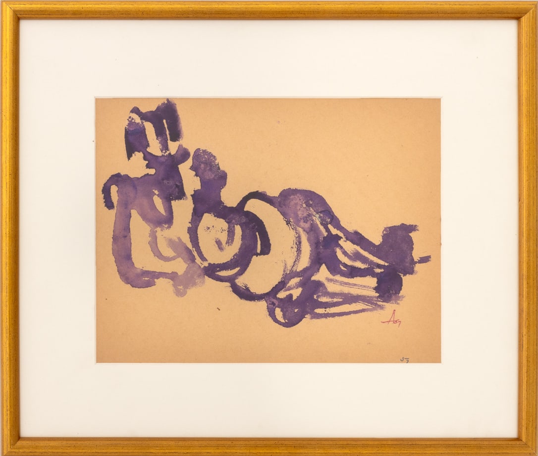 Peter Agostini Abstract Nude Figure Watercolor: Peter Agostini (American, 1913-1993), Abstract Reclining Nude Figure, Watercolor on Paper, signed lower right in red ink and marked "J3" lower right corner, giltwood frame. Image: 8.25" H x 10.75" W;