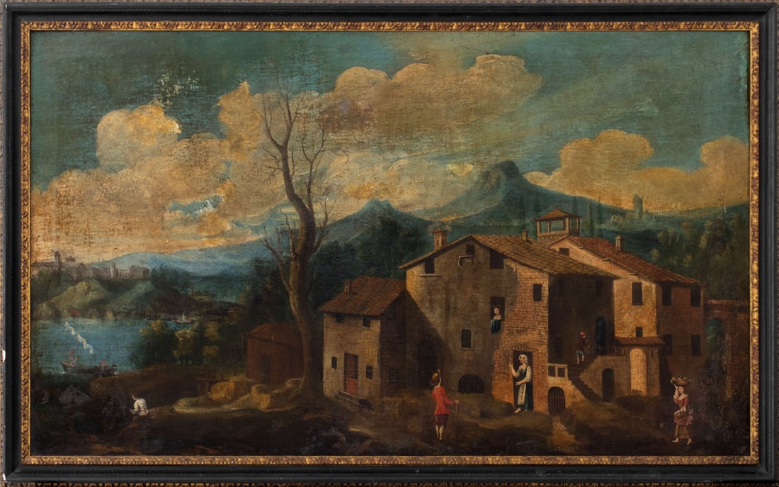 German School Village Landscape Oil, 19th C.: German School, Village Landscape Scene, Oil on Canvas, early 19th century, unsigned, ebonized and giltwood frame. Image: 34.25" H x 51" W; frame: 39.75" H x 66.5" W x 2" D. Provenance: From a Fifth Av