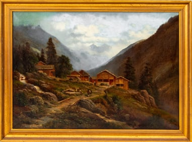 Georg Engelhardt Alpine Mountain Village Oil, 1934