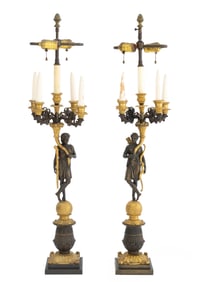 French Empire Style Figural Gilt Metal Lamps, Pair