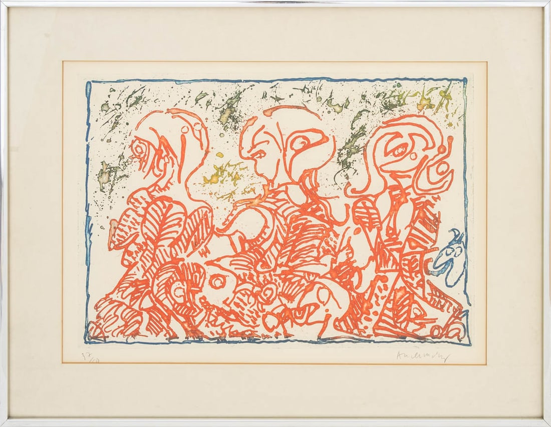Pierre Alechinsky "Trois Desordinateurs" Etching: Pierre Alechinsky (Belgian, b. 1927), "Trois Desordinateurs" [Three Rebels], Etching in Colors, 1967, signed in pencil lower right, numbered edition "32/50" lower left, metal frame. Image: 13" H x 19"