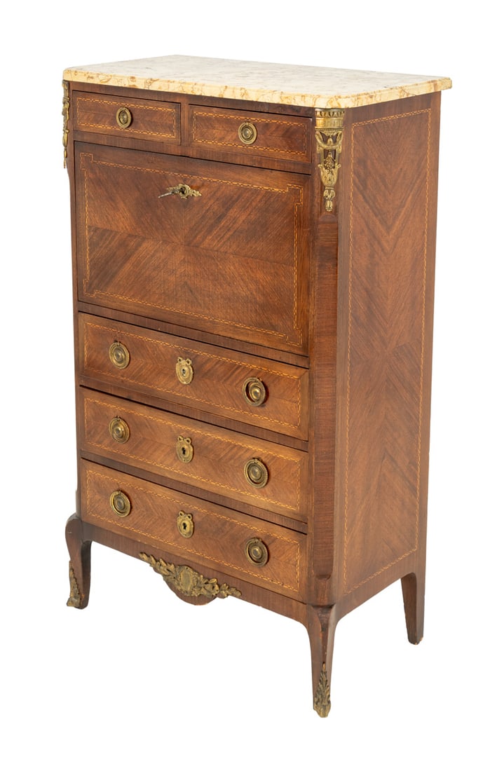 Louis XV Style Kingwood Bonheur du Jour: Louis XV Style Kingwood Bonheur du Jour, 19th century, with a marble top above two short drawers and fall front gilt-tooled green leather-top writing surface opening to seven open shelves and three sa