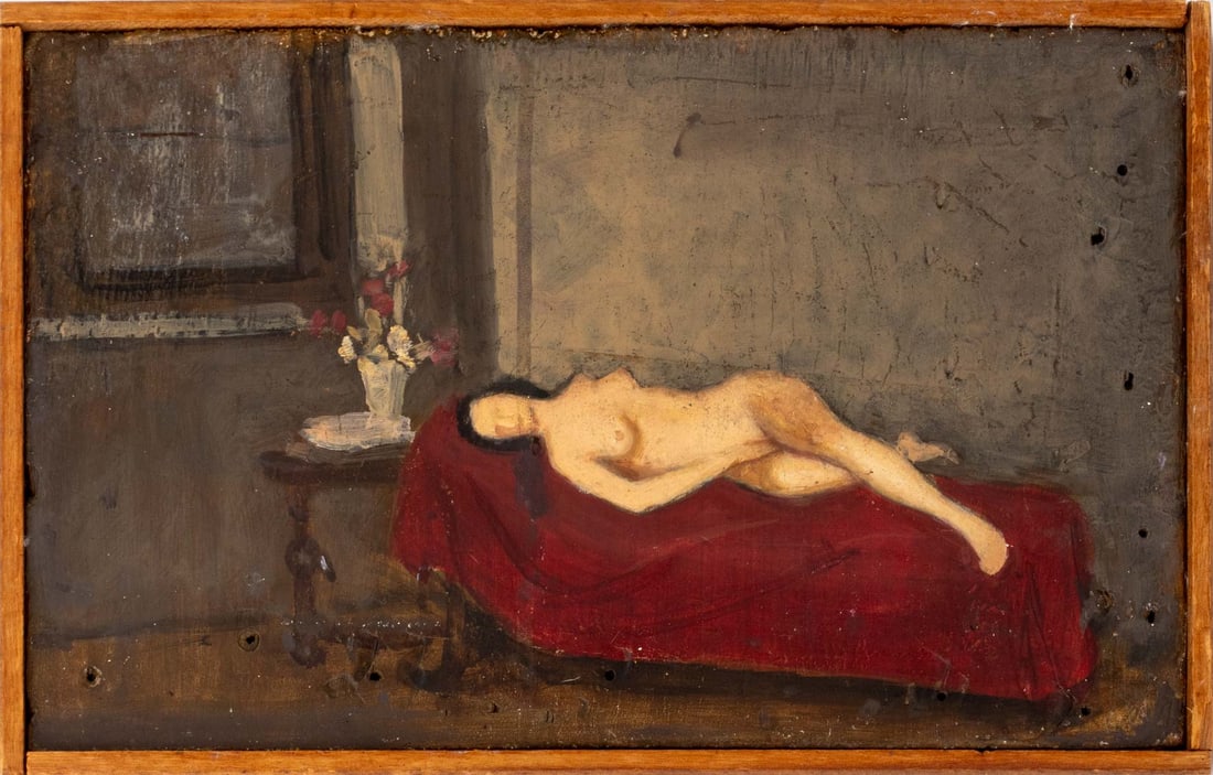 Signed Post-Impressionist Double-Side Oil on Board: 20th Century School, Figural Double-Sided Post-Impressionist Painting, Oil on Board, the front work depicting a nude woman reclining on a red sofa, the back work depicting a figure undressing and sign