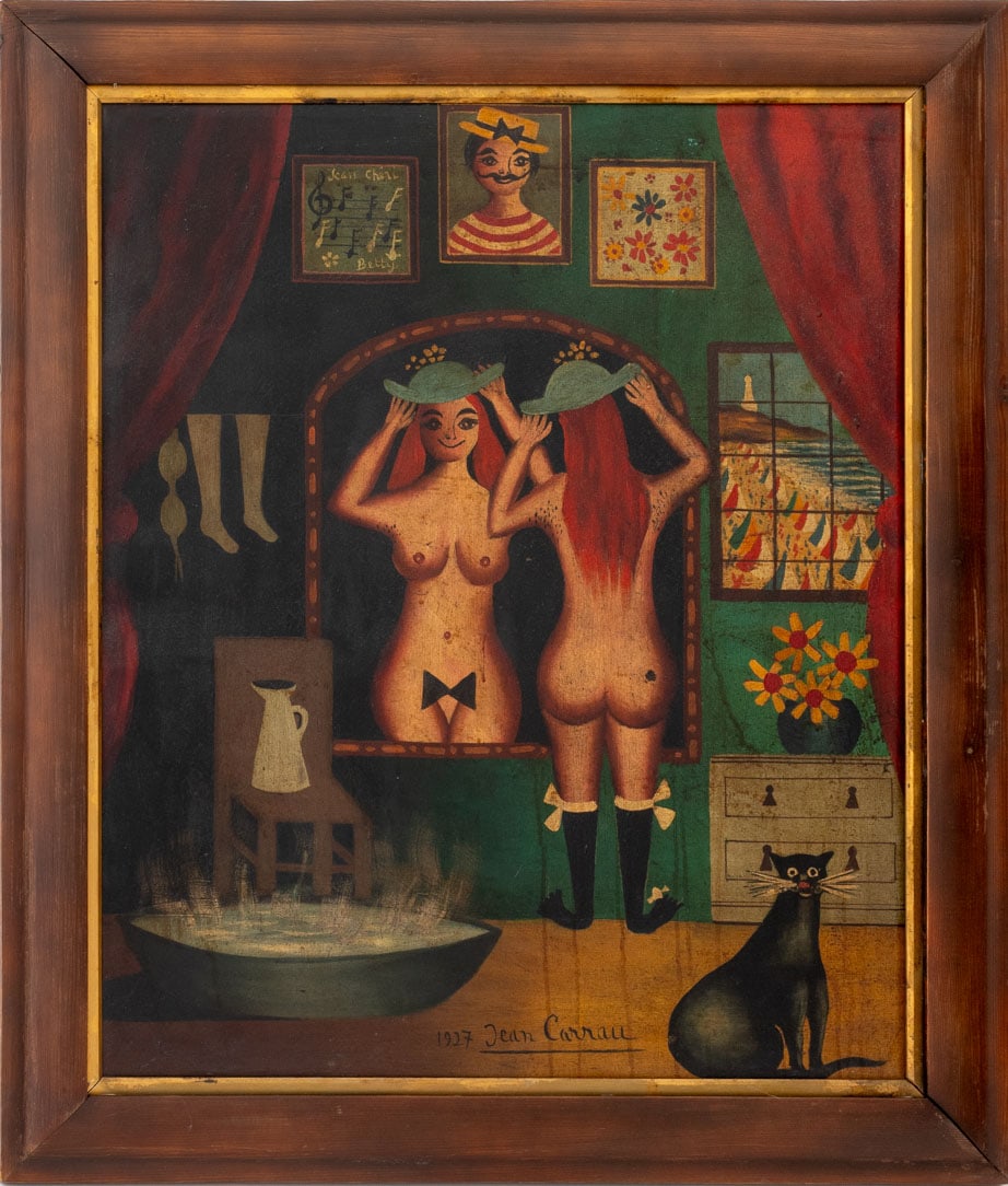 Jean Carrau Nude with a Mirror Oil on Tin, 1927: Jean Carrau (French, d. 1996), Nude with a Mirror, Oil on Tin, 1927, signed and dated lower center, wood frame. Image: 28.75" H x 32.5" W'; frame: 34.75" H x 28.75" W x 1" D. Provenance: From an Upper