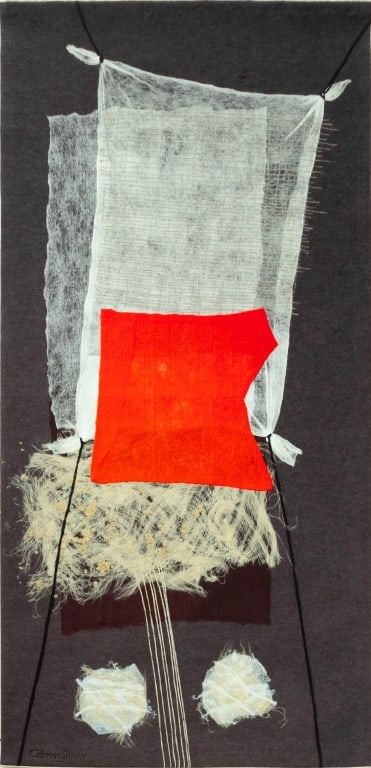 Calman Shemi "Five PM #4" Wool Felted Tapestry: Calman Shemi (Argentinean/Israeli, b. 1939), "Five PM #4", Wool Felted Tapestry, signed lower left, signed and titled to verso. 95.5" L x 47.75" W. Provenance: From a 5th Avenue estate. Keywords: Fabr