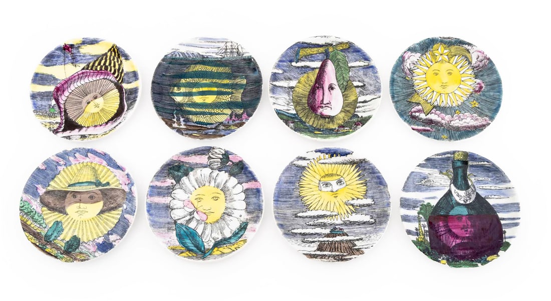 Fornasetti Porcelain "Soli Di" Coasters, 8: Set of Eight Fornasetti Porcelain "Soli Di" Coasters, marked "Fornasetti Milano / Made in Italy / Soli Di" to the underside. 4.25" Diameter. Provenance: From the Collection of Laura and Lewis Kruger.