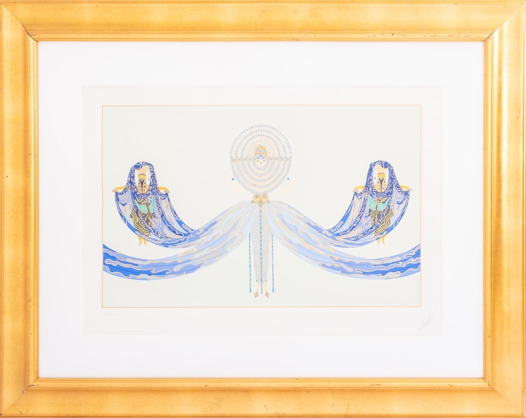 Erte "Mediterranee" Serigraph in Colors, 1986: Erte (Romain de Tirtoff, Russian/French, 1892-1990), "Mediterranee", Serigraph in Colors on Paper, 1986, pencil signed lower right and numbered edition "240/300" to lower left, auction label to verso,