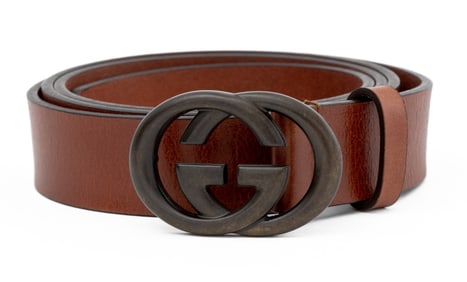 Gucci Brown Brass Buckle & Brown Leather Belt