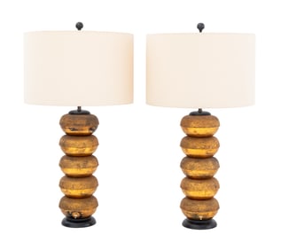 Stacked Disc Gilt Metal Table Lamps, Pair