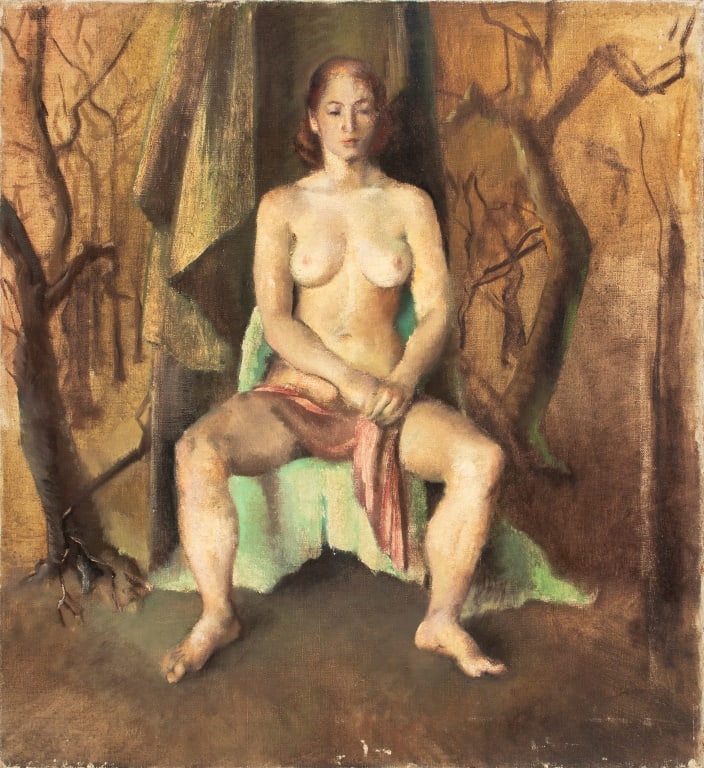James Otis Burnley Seated Nude Oil, ca. 1940: James Otis Burnley (American, 1914-2009), Seated Female Nude in Surrealist Landscape, Oil on Canvas, circa 1940, depicting nude woman seated on throne in forest, signed to verso, unframed. 24" H x 22"