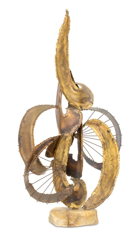 Brutalist Mixed Metal and Alabaster Sculpture: Brutalist Mixed Metal and Alabaster Sculpture, brass ribbons with steel wire, mounted on alabaster base. 23" H x 11.5" W x 4.75" D. Provenance: From a New York City Collection. Keywords: Curtis Jere S