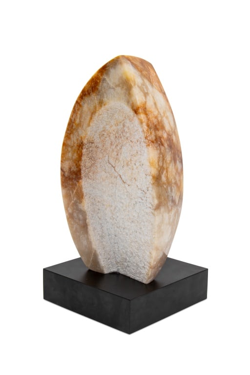 Modernist Abstract Hardstone Sculpture: Modernist Abstract Hardstone Sculpture, with polished and rough hewn details, mounted on a black base. 15.5" H x 8" W x 7.5" D. Provenance: From a New York City Collection. Keywords: Statue, Carved st