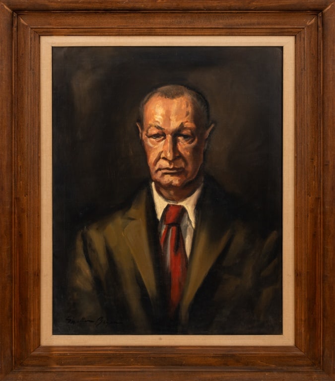 Sheldon Bryan Portrait of a Man Oil on Canvas: Sheldon Martin Bryan (American, 1916-1968), Portrait of a Man, Oil on Canvas, depicting a middle-aged man in brown suit with red tie, signed lower left, wood frame. Image: 29.5" H x 23.5" W; frame: 38