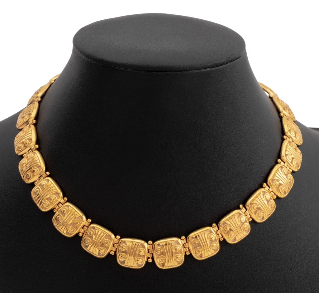 Steve Vaubel Gold-Plated Collar Necklace, 1995: Steve Vaubel Gold-Plated Collar Necklace, 1995, with scroll form design links and toggle clasp, signed and dated "Vaubel / 1995". 11.5" L. Provenance: From a New York City Collection. Keywords: Fashio