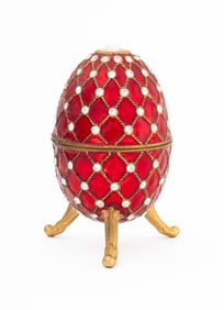Faberge Style Gilt and Red Enamel Egg Form Box