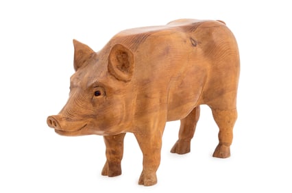 Folk Art Carved Walnut Pig Sculpture