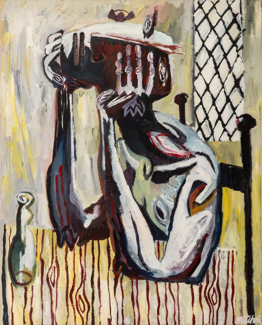 Steve Butcher "Thinker" Oil on Canvas: Steve Butcher (English, XX-XXI), "Thinker", Oil on Canvas, circa 1984, signed lower left, unframed. 40.25" H x 32" W. Provenance: From an East Village and Hamptons Collection. Keywords: Painting, Oil 
