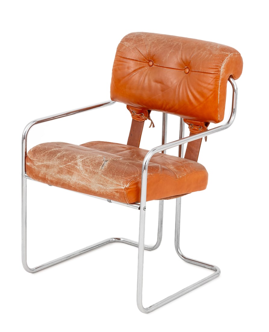 Guido Faleschini "Tucroma" Armchairs, Pair: Pair of Guido Faleschini "Tucroma" Arm Chairs, each with brown leather upholstered seat and back on chromed frame. 31.75" H x 20.5" W x 23" D; seat: 19" H. Provenance: From the Collection of Laura and