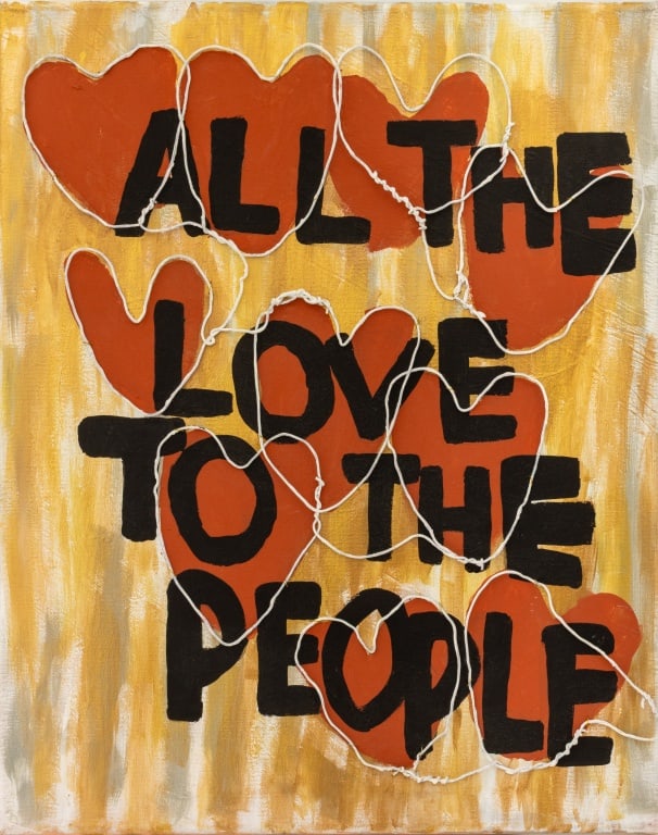 Omari Wave "All the Love to the People", 2017: Omari Waves (American, XXI), "All the Love to the People", Mixed Media on Canvas, 2017, acrylic and painted wire, signed, dated, and inscribed "To Emilie-Julie" to verso, unframed. 20" H x 16" W. Prov
