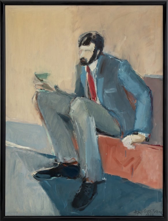 Agnes Preston-Brame Portrait of a Man Oil, 1984: Agnes Preston-Brame (Hungarian/American, XX-XXI), Portrait of a Bearded Man Holding a Martini, Oil on Canvas, 1984, signed and dated lower right, black frame. Image: 39.5" H x 29.25" W; frame: 41.5" H