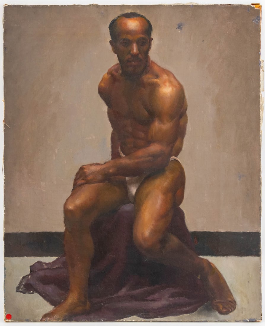 Wood Seated Semi-Nude Male Oil on Canvas: Wood (American, XX), Portrait of a Seated Semi-Nude Male, Oil on Canvas, signed on stretcher to verso, along with partial male torso sketch, unframed. 38" H x 30.75" W. Provenance: From the Allen Tuck