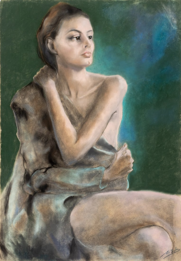 Z. Soto Portrait of Nude Woman Pastel on Paper: Z. Soto (XX), Portrait of Semi-Nude Woman, Pastel on Paper, depicting seated nude figure wrapping herself in coat, signed lower right, unframed. 39.25" H x 27.5" W. Provenance: From a New York City Co