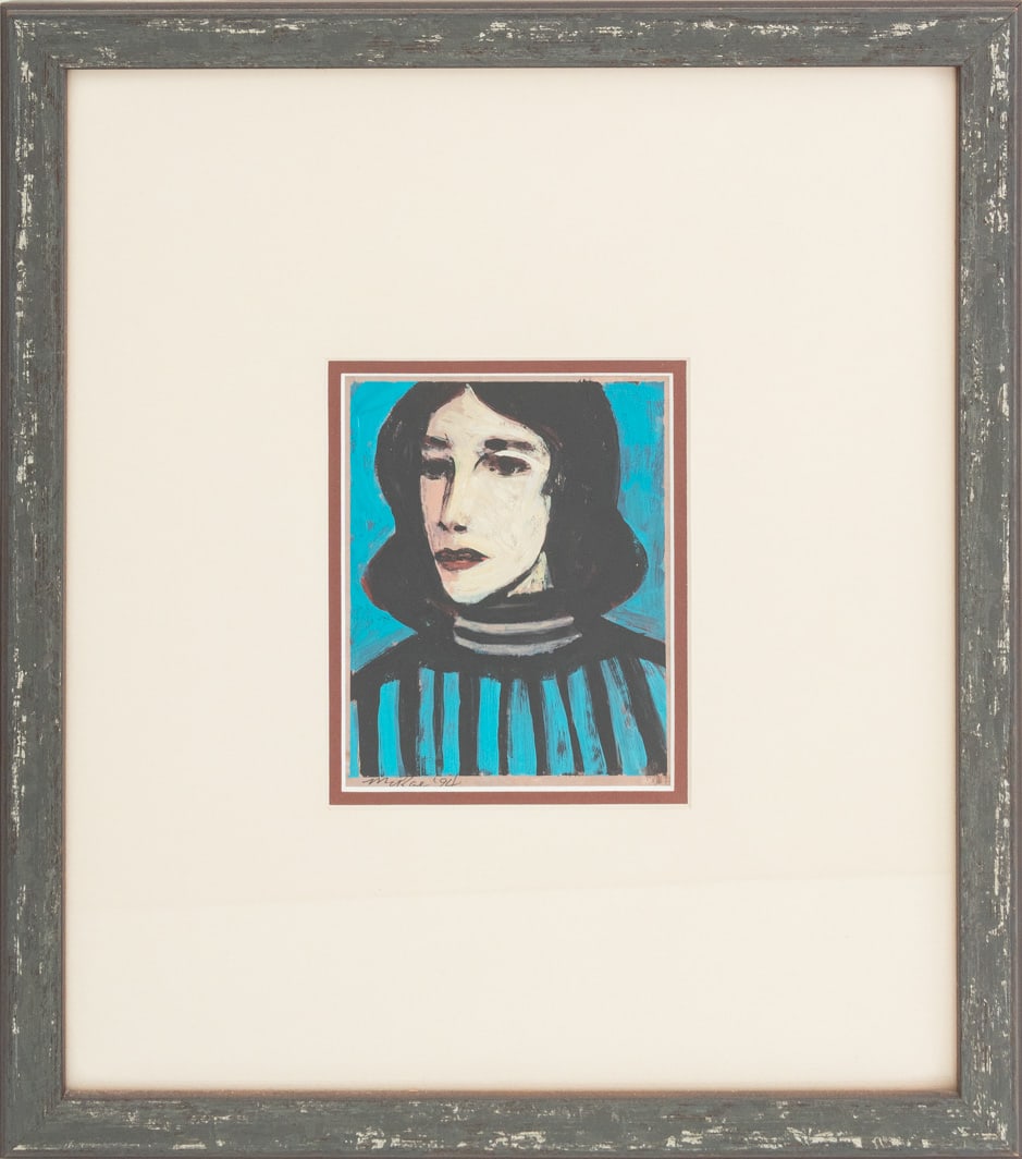 Jennifer McRae Woman in Blue Mixed Media: Jennifer McRae (English, b. 1959), Portrait of Woman in Blue, Mixed Media on Board, 1994, signed and dated lower left, gray painted wood frame. Image: 6.25" H x 5 W; frame: 17.5" H x 15.5" W x 0.75" D