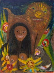 Haitian School Female Figure & Animals Oil, 1998