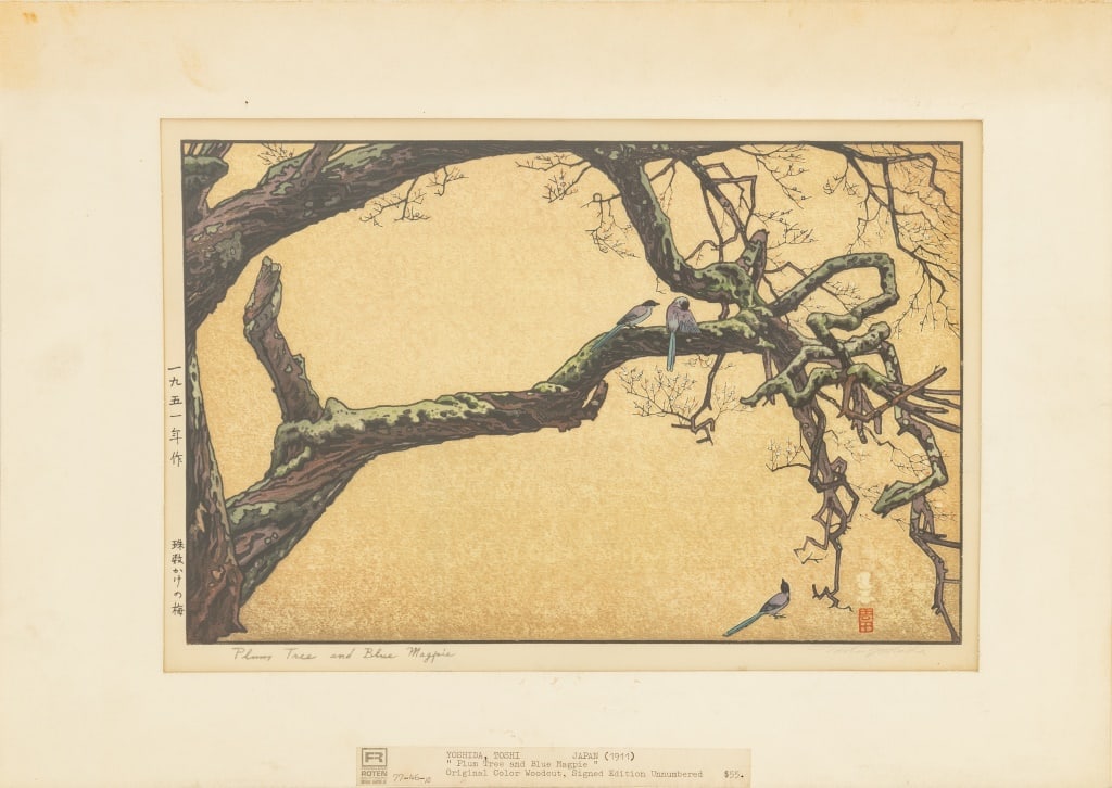 Toshi Yoshida "Plum Tree and Blue Magpie" Woodcut: Toshi Yoshida (Japanese, 1911-1995), "Plum Tree and Blue Magpie", Woodcut in Colors, 1951, signed in pencil lower right, titled lower left, Brentano's Galleries label to mat, unframed. Image: 10.5 x 1