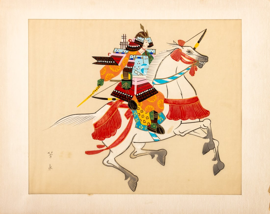 Japanese Samurai on Horseback Oil on Silk: Japanese Samurai on Horseback, Oil on Silk, marked with Japanese characters to lower left, unframed. Image: 13" H x15.75" W, mat: 16" H x 20.25" W. Provenance: From a New York City Collection. Keyword