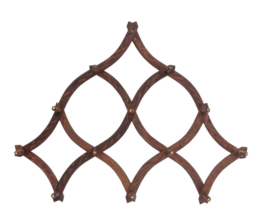 Victorian Accordion Mahogany Wall Hooks: Victorian Accordion Mahogany Wall Hooks, with 12 dowels. Open state: 2.5" H x 51" W x 5" D; closed: 39.25" H x 7" W x 5" D. Provenance: From an Upper East Side, New York City Collection. Keywords: Wal