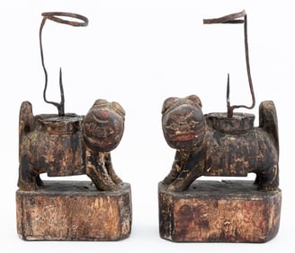 Chinese Foo Lion Carved Wood Candle Prickets, Pair