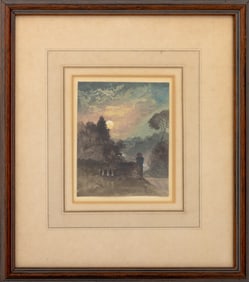 American Sunset Landscape Watercolor, 19th C.