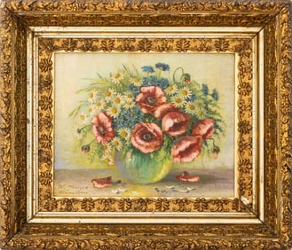 German School Still Life of Poppies Oil on Panel