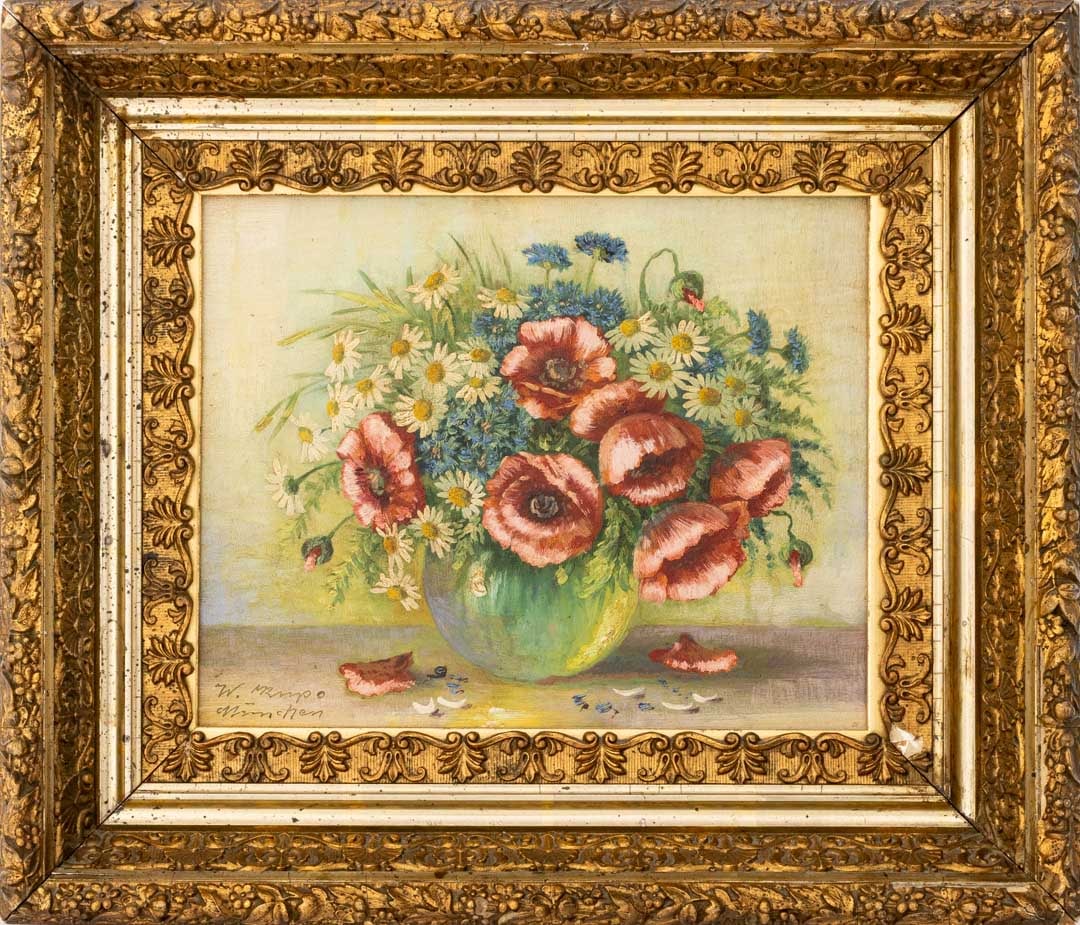 German School Still Life of Poppies Oil on Panel: German School, Still Life Scene of Poppy Flowers and Daisies, Oil on Panel, illegibly signed and inscribed "Munchen" lower left, giltwood frame. Image: 9.5" H x 11.75" W; frame: 17" H x 8.5" W x 3" D.