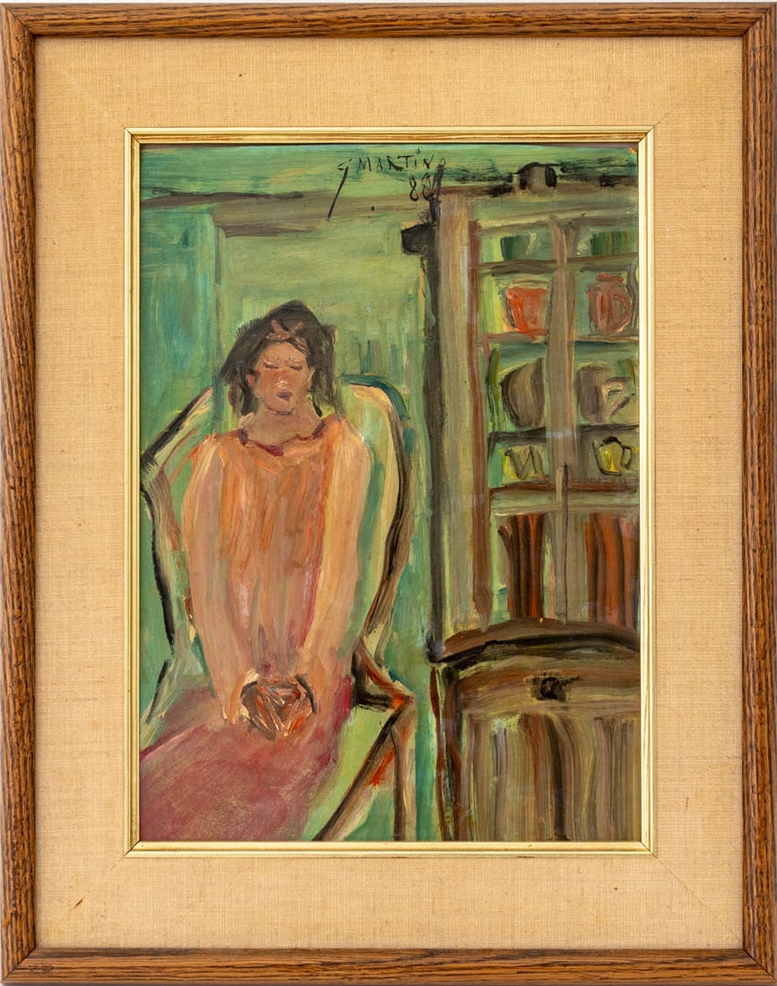 Gloria Martino Lady Seated in a Library Oil, 1988: Gloria Martino (Brazilian, XX), Lady Seated in a Library, Oil on Board, 1988, signed and dated upper center, wood frame. Image: 12.25" H x 8.75" W; frame: 17.5" H x 13.75" W x 1" D. Provenance: From a