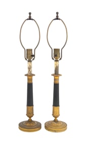 French Empire Style Brass Column Lamps, Pair